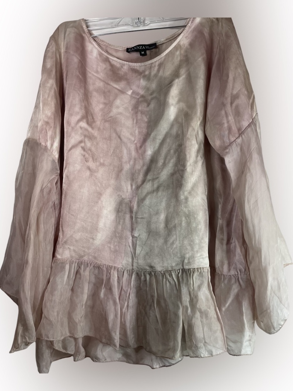 ZANNZA COUTURE Light Pink and purple Sheer Ruffle Hem Tunic Silk Size M